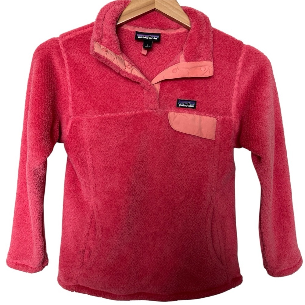 PATAGONIA Girls Re-Tool Snap-T Fleece Pullover Sweater Pink Rose/Coral Medium 10